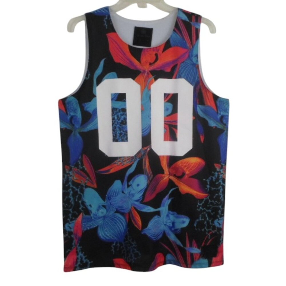 On The Byas Black Multicolor Floral Sleeveless Mesh Jersey Tank 00 Graphic